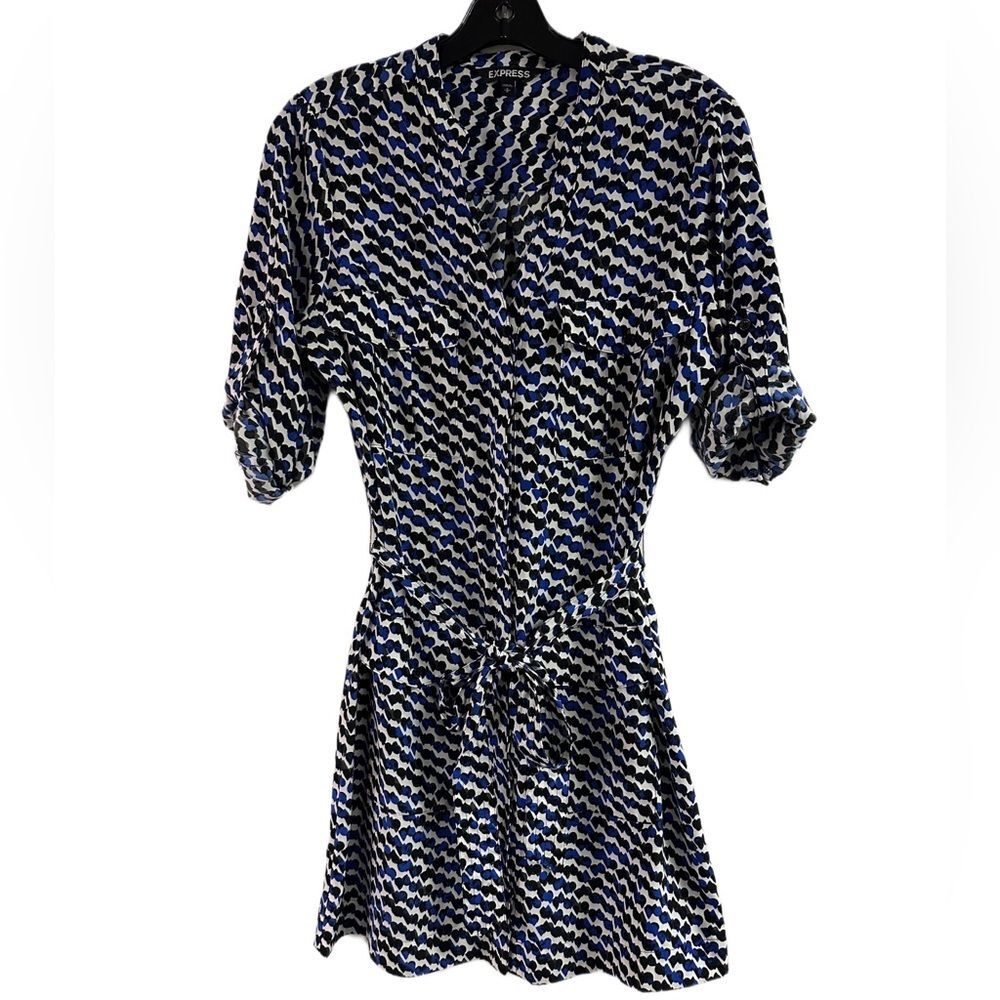 Express Blue Print Belted Roll Tab Dress Size S